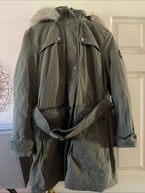 Dkny Olive Green Military Field Parka with Fur-Trim Hood